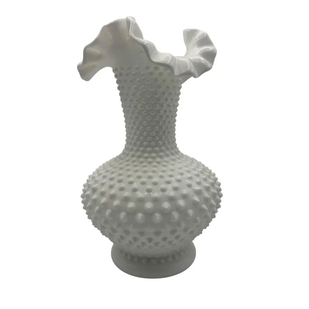 Fenton White Hobnail Milk Glass Vase With Ruffled Rim